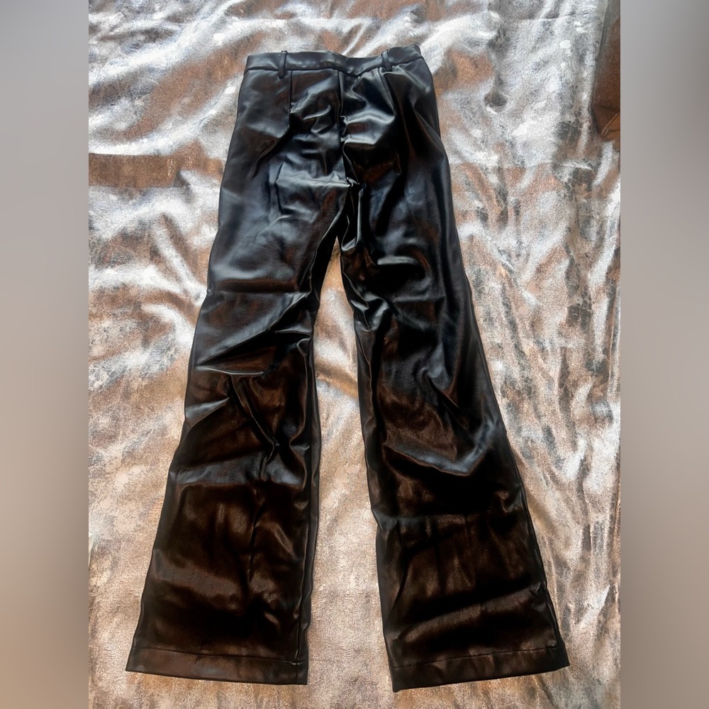 High waist wide leg black leather pants. Size M.